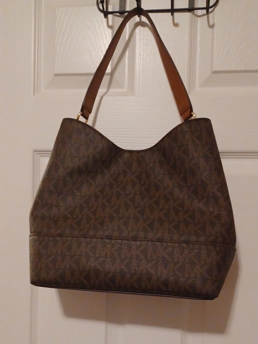 > Michael Kors Brown Monogram Shoulder Tote with Chestnut Front Pocket